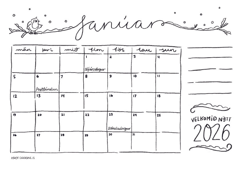 Dagatal  2026 – stafrænt til að prenta út