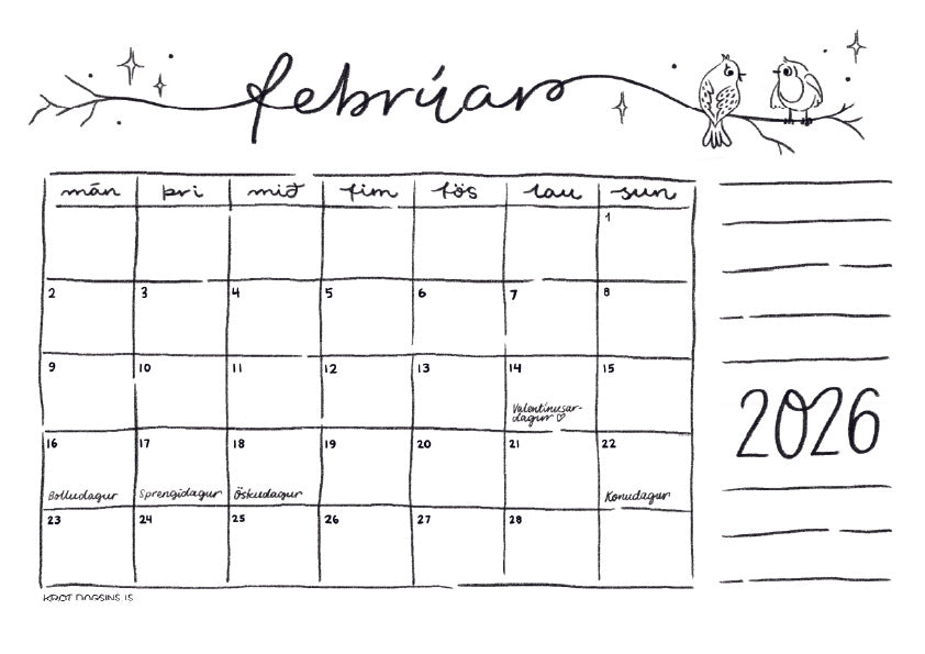 Dagatal  2026 – stafrænt til að prenta út