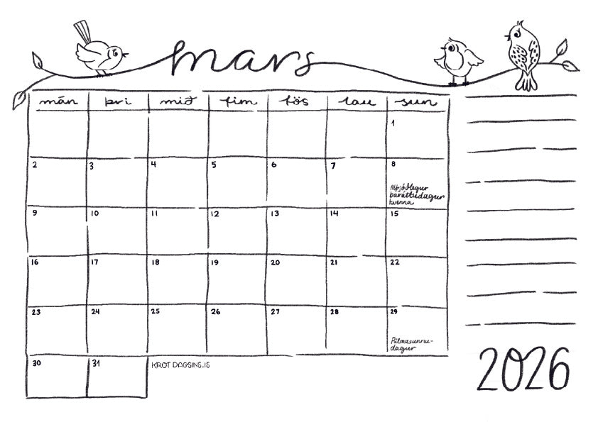 Dagatal  2026 – stafrænt til að prenta út