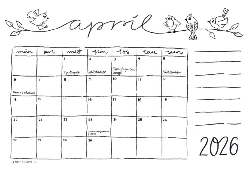 Dagatal  2026 – stafrænt til að prenta út