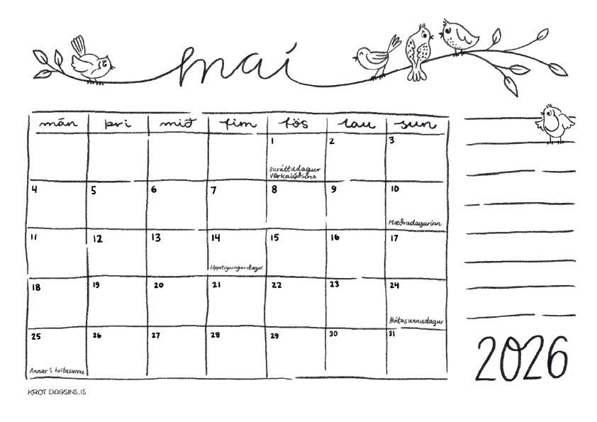 Dagatal  2026 – stafrænt til að prenta út