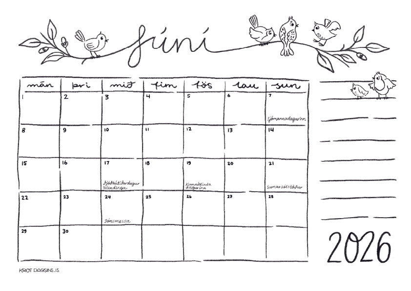 Dagatal  2026 – stafrænt til að prenta út