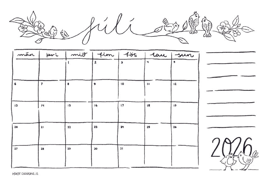 Dagatal  2026 – stafrænt til að prenta út