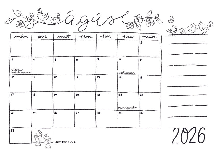Dagatal  2026 – stafrænt til að prenta út