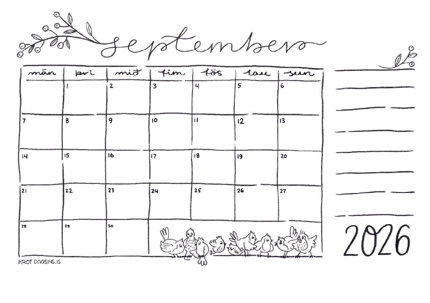 Dagatal  2026 – stafrænt til að prenta út