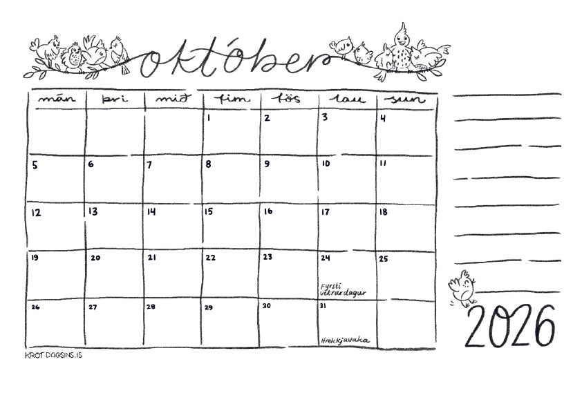 Dagatal  2026 – stafrænt til að prenta út