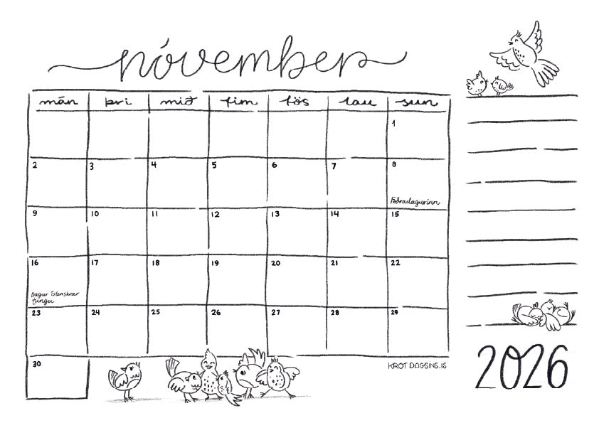 Dagatal  2026 – stafrænt til að prenta út