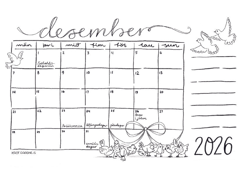 Dagatal  2026 – stafrænt til að prenta út
