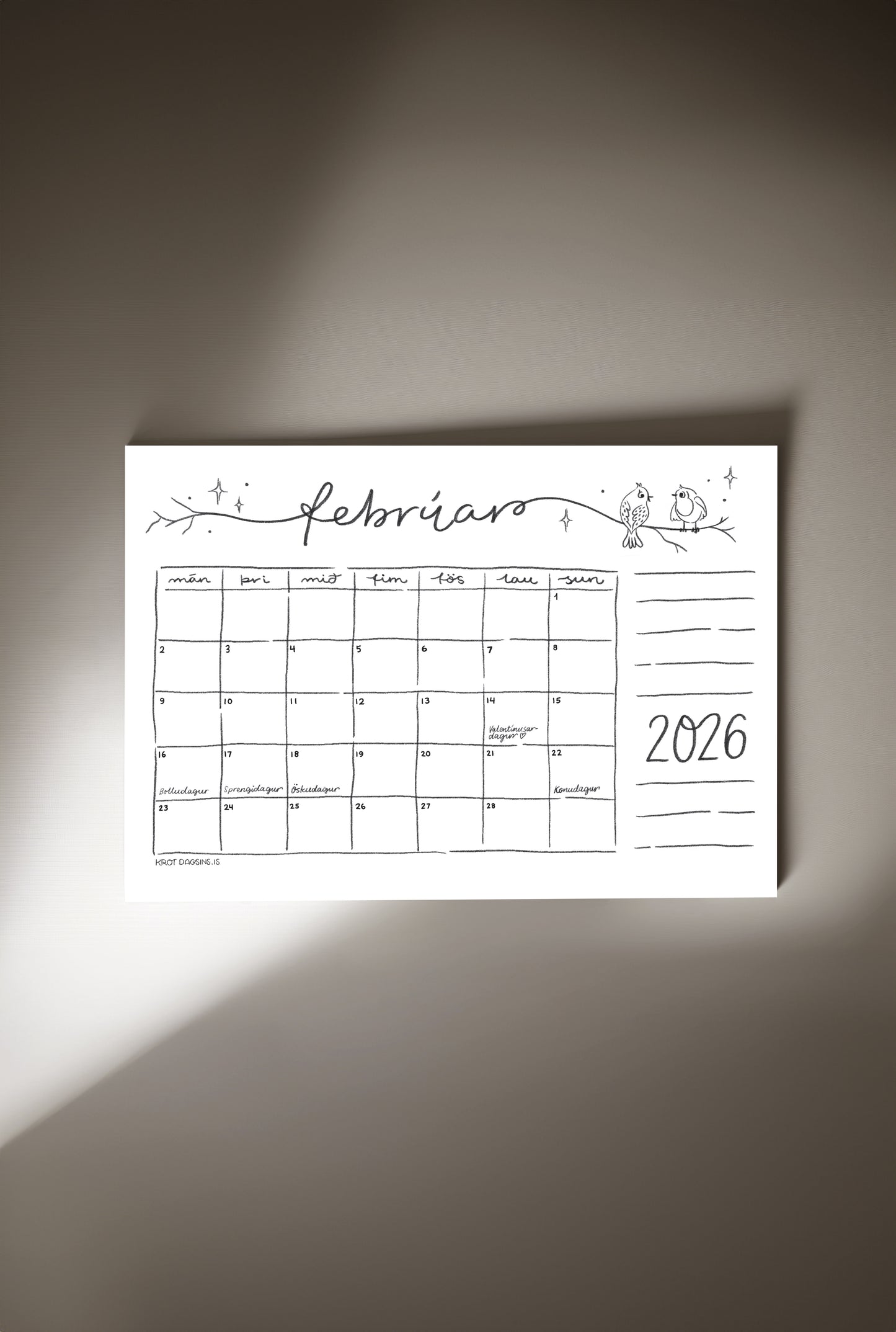 Dagatal  2026 – stafrænt til að prenta út